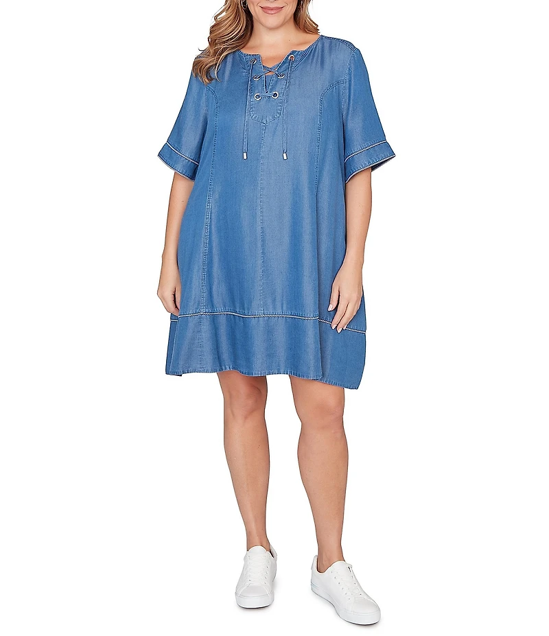 Ruby Rd. Plus Size Tencel™ Split Neck Short Sleeve Lace-Up Shift Dress