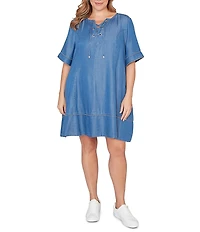 Ruby Rd. Plus Size Tencel™ Split Neck Short Sleeve Lace-Up Shift Dress