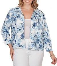 Ruby Rd. Plus Size Tencel™ Toile Print Point Collar Bracelet Roll Sleeve Button-Front Jacket