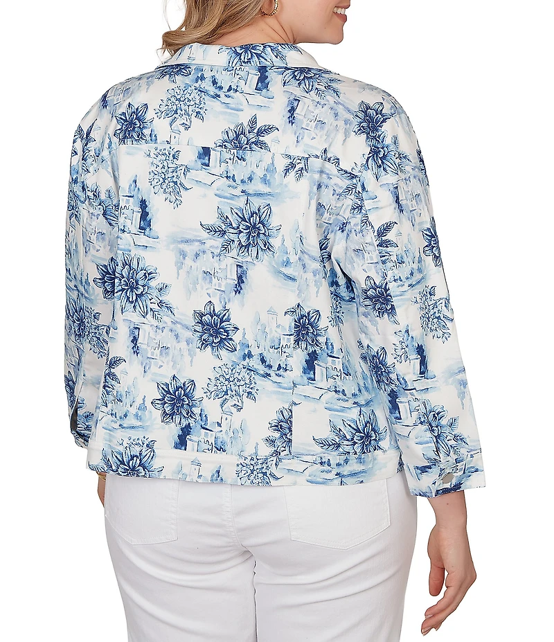 Ruby Rd. Plus Size Tencel™ Toile Print Point Collar Bracelet Roll Sleeve Button-Front Jacket
