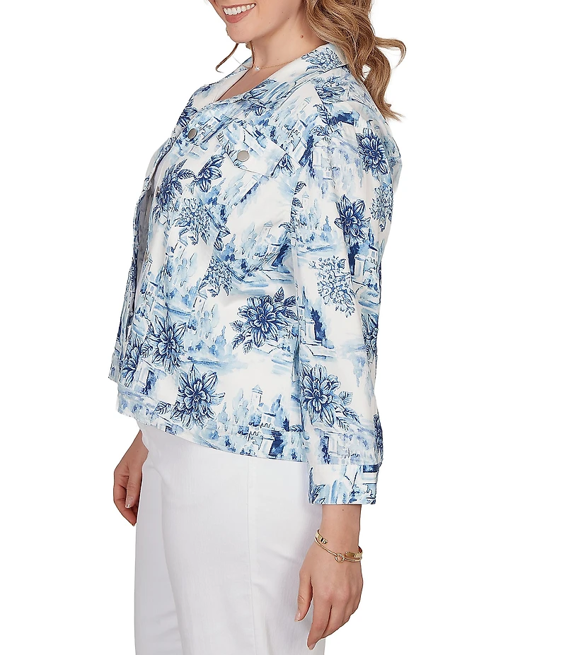 Ruby Rd. Plus Size Tencel™ Toile Print Point Collar Bracelet Roll Sleeve Button-Front Jacket