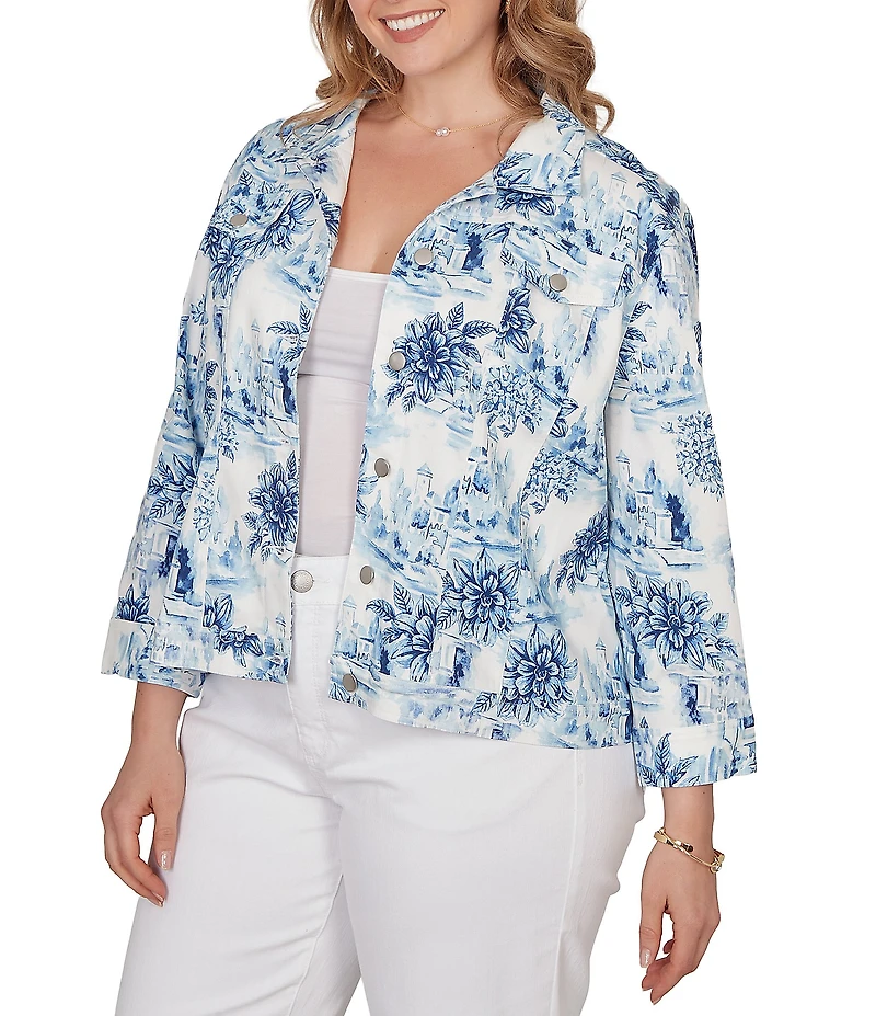 Ruby Rd. Plus Size Tencel™ Toile Print Point Collar Bracelet Roll Sleeve Button-Front Jacket