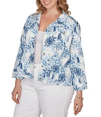 Ruby Rd. Plus Size Tencel™ Toile Print Point Collar Bracelet Roll Sleeve Button-Front Jacket