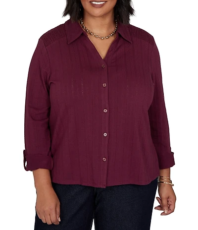Ruby Rd. Plus Size Textured Dobby Vertical Stripe Point Collar Long Roll-Tab Sleeve Button-Front Shirt