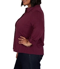 Ruby Rd. Plus Size Textured Dobby Vertical Stripe Point Collar Long Roll-Tab Sleeve Button-Front Shirt