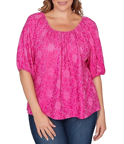 Ruby Rd. Plus Size Textured Jacquard Floral Scoop Neck Elbow Sleeve Top
