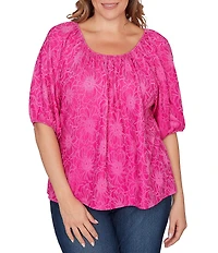 Ruby Rd. Plus Size Textured Jacquard Floral Scoop Neck Elbow Sleeve Top
