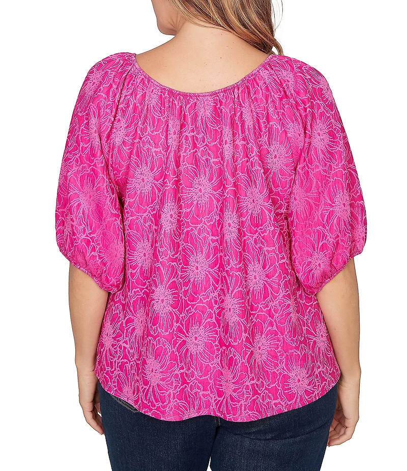 Ruby Rd. Plus Size Textured Jacquard Floral Scoop Neck Elbow Sleeve Top