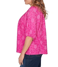 Ruby Rd. Plus Size Textured Jacquard Floral Scoop Neck Elbow Sleeve Top