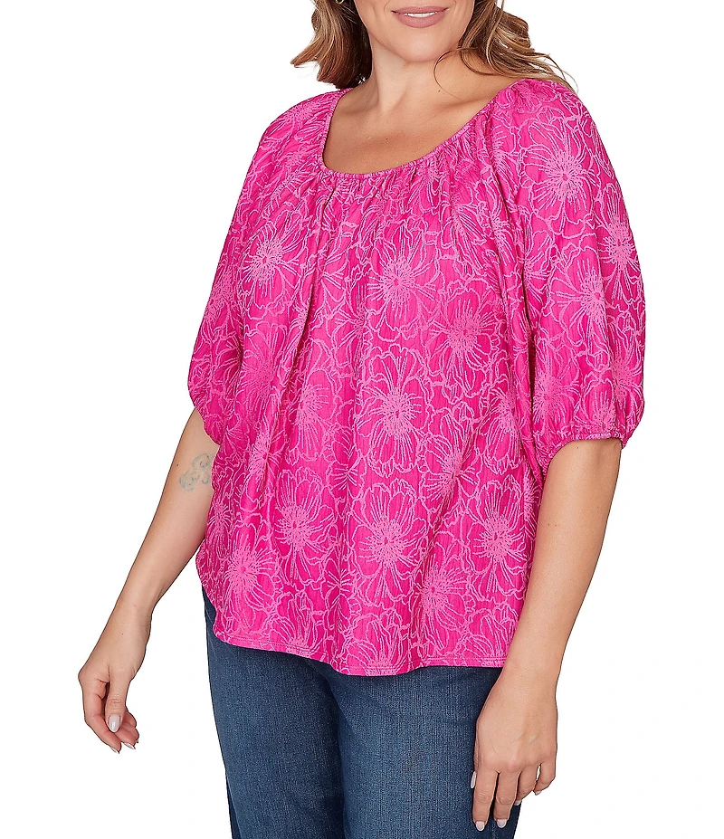 Ruby Rd. Plus Size Textured Jacquard Floral Scoop Neck Elbow Sleeve Top