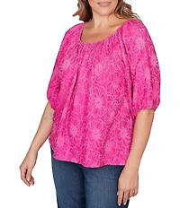 Ruby Rd. Plus Size Textured Jacquard Floral Scoop Neck Elbow Sleeve Top