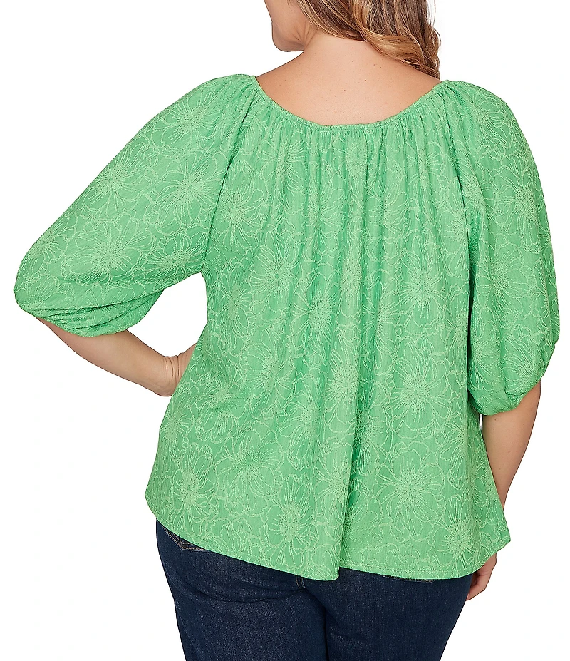 Ruby Rd. Plus Size Textured Jacquard Floral Scoop Neck Elbow Sleeve Top