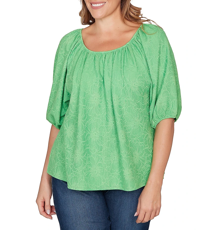 Ruby Rd. Plus Size Textured Jacquard Floral Scoop Neck Elbow Sleeve Top