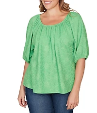 Ruby Rd. Plus Size Textured Jacquard Floral Scoop Neck Elbow Sleeve Top