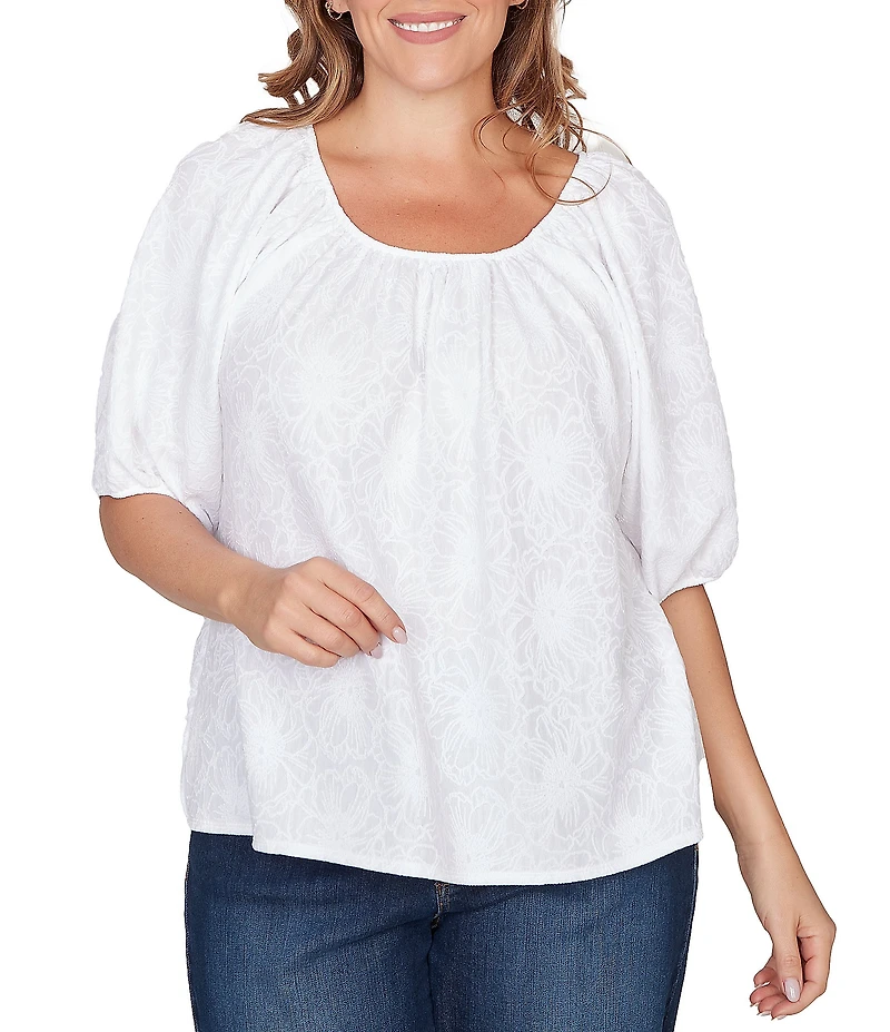 Ruby Rd. Plus Size Textured Jacquard Floral Scoop Neck Elbow Sleeve Top
