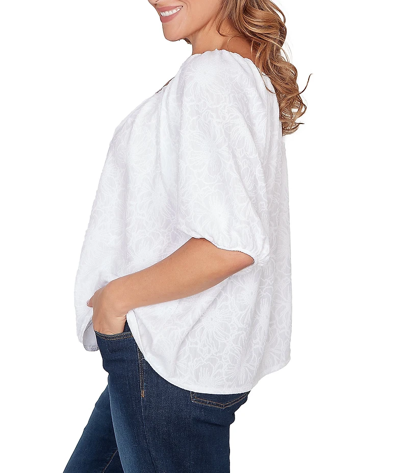 Ruby Rd. Plus Size Textured Jacquard Floral Scoop Neck Elbow Sleeve Top