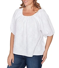 Ruby Rd. Plus Size Textured Jacquard Floral Scoop Neck Elbow Sleeve Top