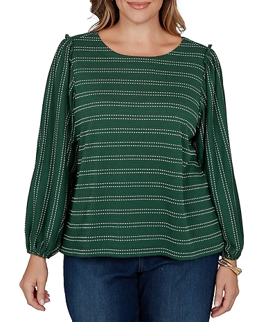 Ruby Rd. Plus Size Textured Knit Dobby Stripe Scoop Neck Bracelet Length Sleeve Top