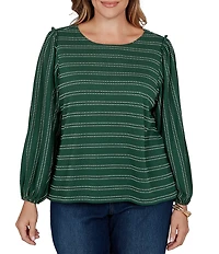 Ruby Rd. Plus Size Textured Knit Dobby Stripe Scoop Neck Bracelet Length Sleeve Top