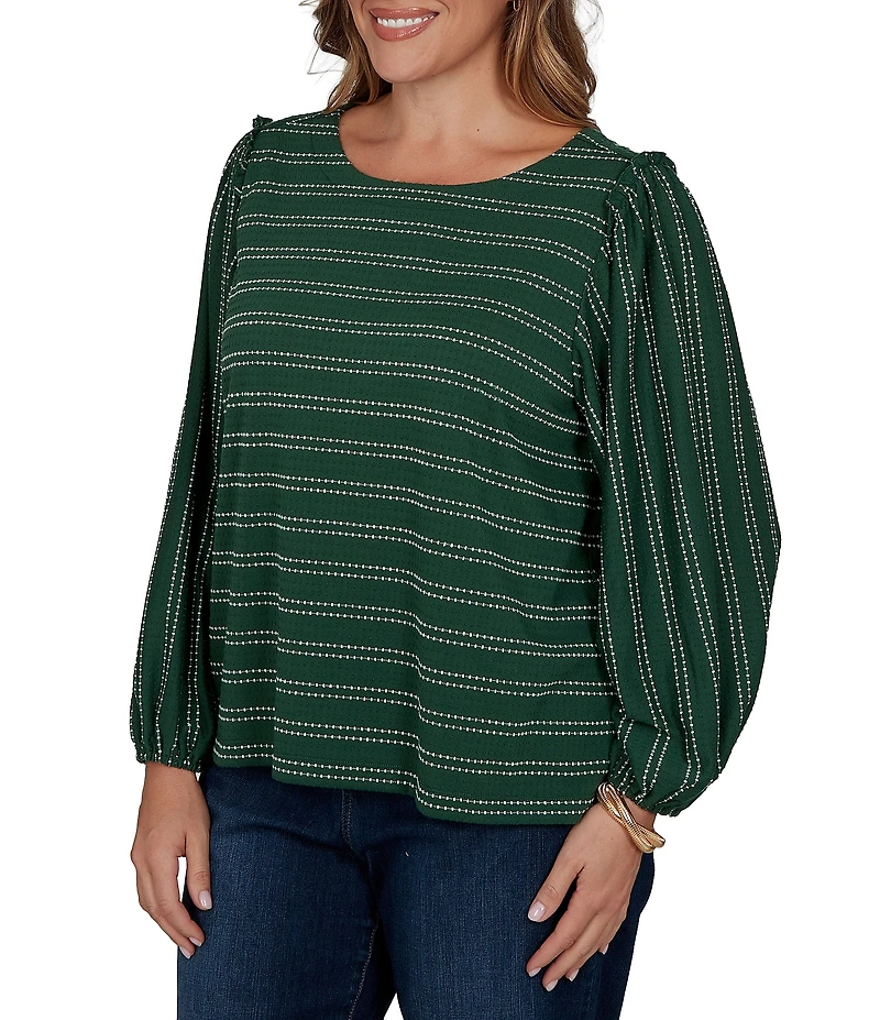 Ruby Rd. Plus Size Textured Knit Dobby Stripe Scoop Neck Bracelet Length Sleeve Top