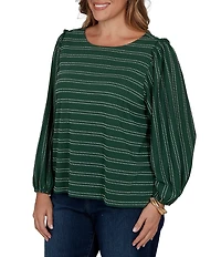 Ruby Rd. Plus Size Textured Knit Dobby Stripe Scoop Neck Bracelet Length Sleeve Top