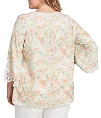 Ruby Rd. Plus Size Textured Knit Floral Crew Neck 3/4 Bell Sleeve Lace Trim Top