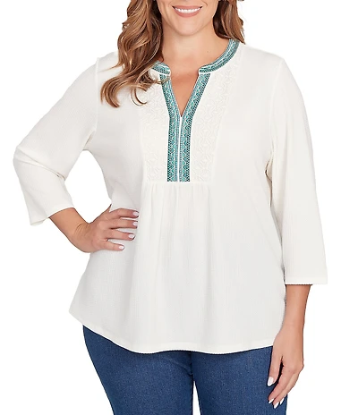 Ruby Rd. Plus Size Textured Slub Knit Split Round V-Neck 3/4 Sleeve Embellished Top