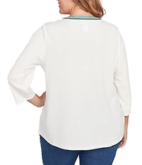 Ruby Rd. Plus Size Textured Slub Knit Split Round V-Neck 3/4 Sleeve Embellished Top