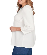 Ruby Rd. Plus Size Textured Slub Knit Split Round V-Neck 3/4 Sleeve Embellished Top