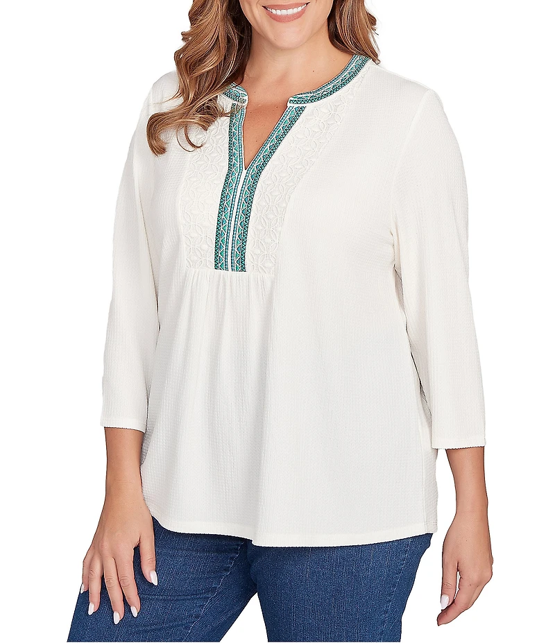 Ruby Rd. Plus Size Textured Slub Knit Split Round V-Neck 3/4 Sleeve Embellished Top