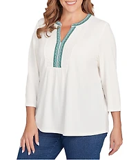 Ruby Rd. Plus Size Textured Slub Knit Split Round V-Neck 3/4 Sleeve Embellished Top