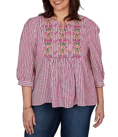 Ruby Rd. Plus Size Textured Yarn-Dyed Stripe Embroidered Split V-Neck 3/4 Sleeve Blouse