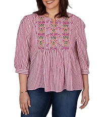 Ruby Rd. Plus Size Textured Yarn-Dyed Stripe Embroidered Split V-Neck 3/4 Sleeve Blouse