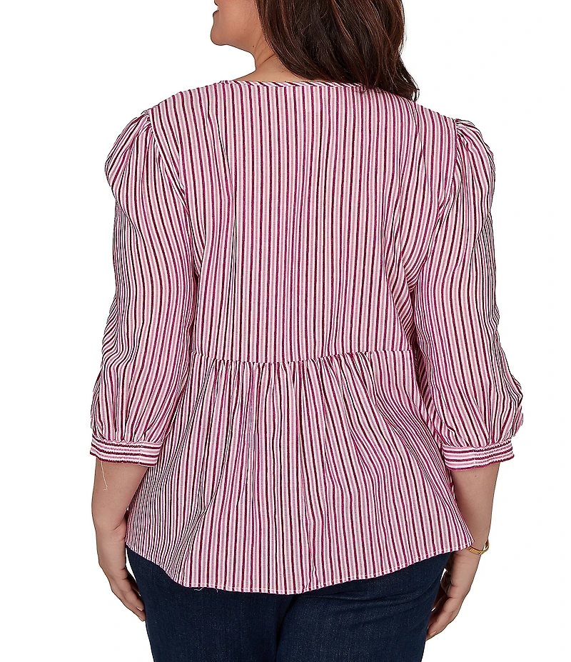 Ruby Rd. Plus Size Textured Yarn-Dyed Stripe Embroidered Split V-Neck 3/4 Sleeve Blouse