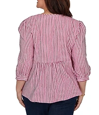 Ruby Rd. Plus Size Textured Yarn-Dyed Stripe Embroidered Split V-Neck 3/4 Sleeve Blouse