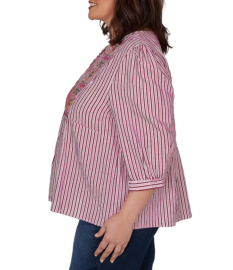 Ruby Rd. Plus Size Textured Yarn-Dyed Stripe Embroidered Split V-Neck 3/4 Sleeve Blouse