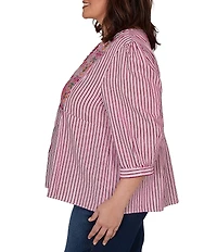 Ruby Rd. Plus Size Textured Yarn-Dyed Stripe Embroidered Split V-Neck 3/4 Sleeve Blouse