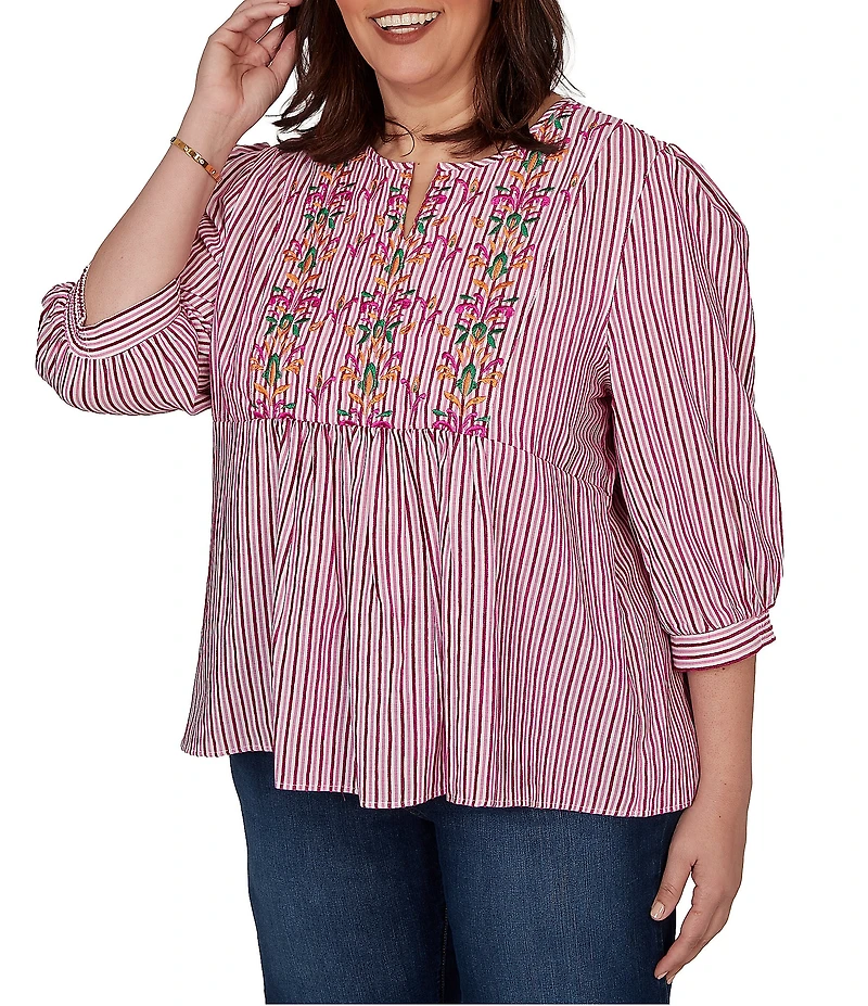 Ruby Rd. Plus Size Textured Yarn-Dyed Stripe Embroidered Split V-Neck 3/4 Sleeve Blouse