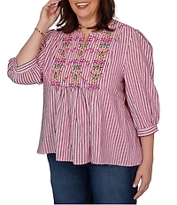 Ruby Rd. Plus Size Textured Yarn-Dyed Stripe Embroidered Split V-Neck 3/4 Sleeve Blouse