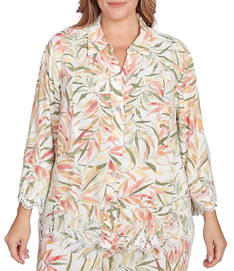 Ruby Rd. Plus Coordinating Tropical Fern Print 3/4 Sleeve Lace Embroidered Scallop Edge Button-Front Shirt