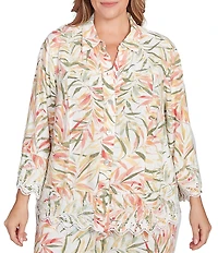 Ruby Rd. Plus Coordinating Tropical Fern Print 3/4 Sleeve Lace Embroidered Scallop Edge Button-Front Shirt