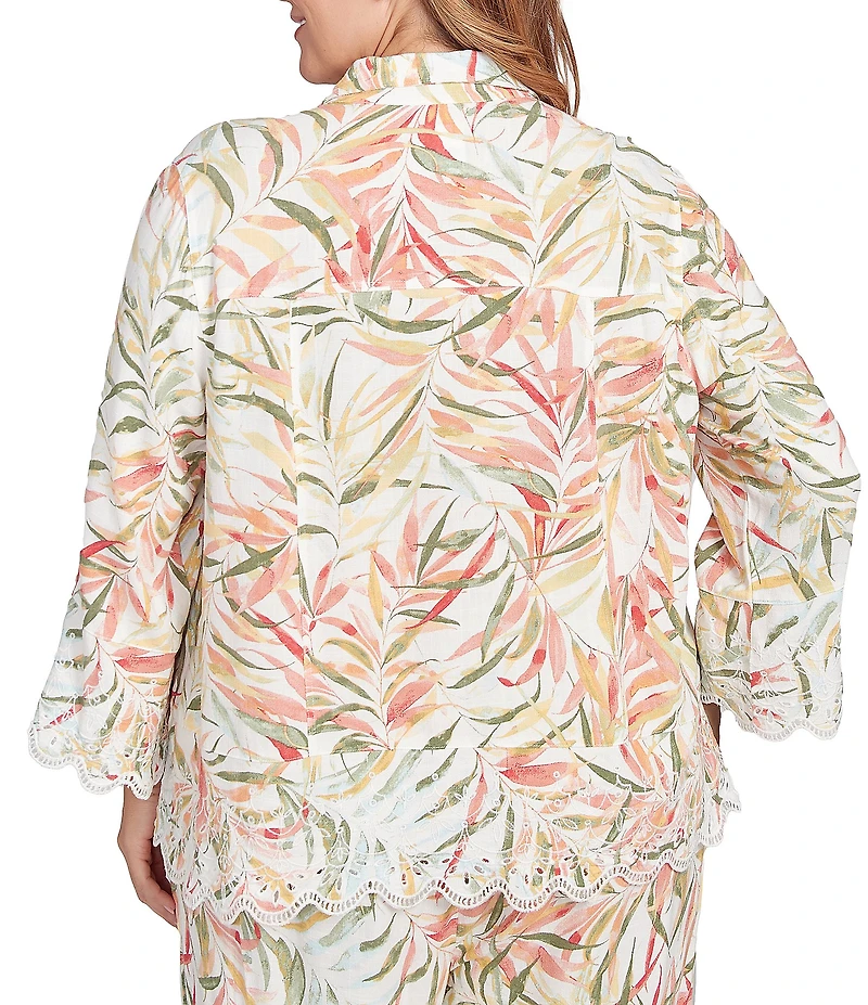 Ruby Rd. Plus Coordinating Tropical Fern Print 3/4 Sleeve Lace Embroidered Scallop Edge Button-Front Shirt