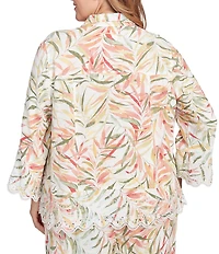 Ruby Rd. Plus Coordinating Tropical Fern Print 3/4 Sleeve Lace Embroidered Scallop Edge Button-Front Shirt