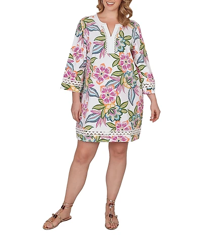 Ruby Rd. Plus Size Tropical Floral Split V-Neck 3/4 Sleeve Shift Dress