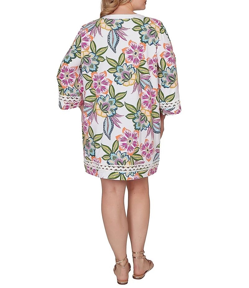 Ruby Rd. Plus Size Tropical Floral Split V-Neck 3/4 Sleeve Shift Dress