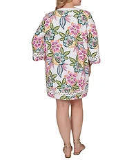 Ruby Rd. Plus Size Tropical Floral Split V-Neck 3/4 Sleeve Shift Dress