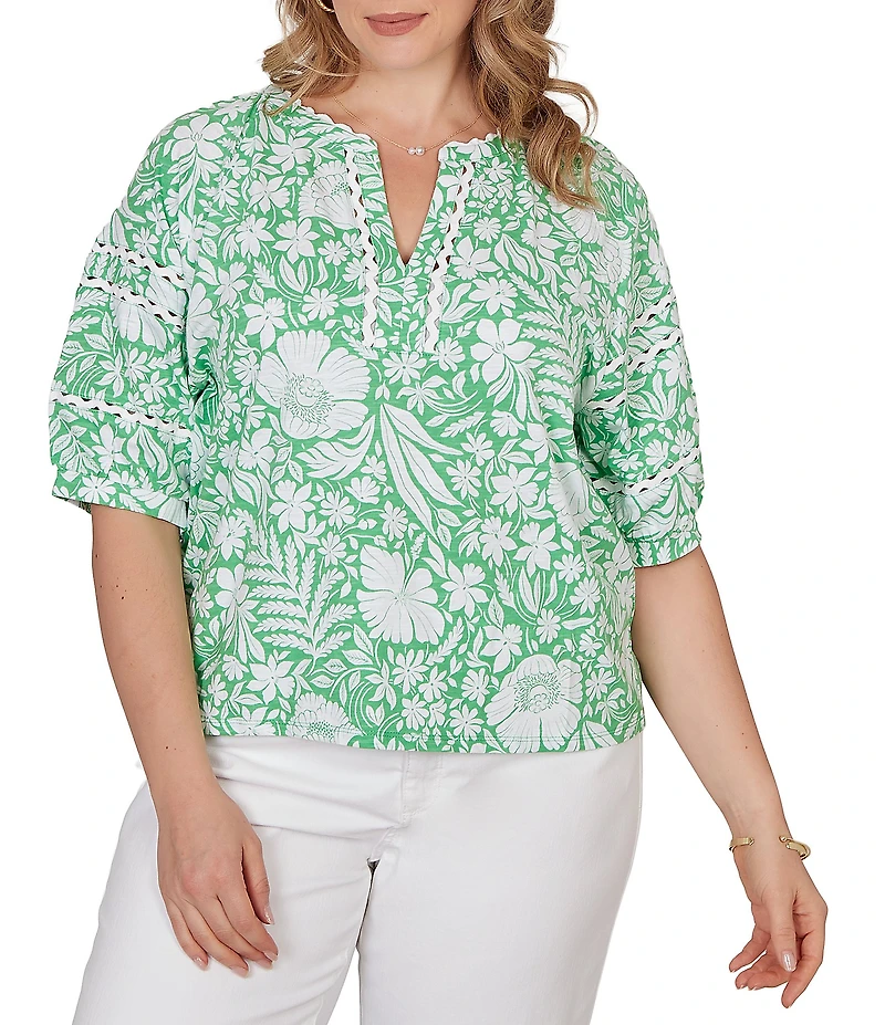 Ruby Rd. Plus Size Tropical Floral Split V-Neck Elbow Sleeve Top