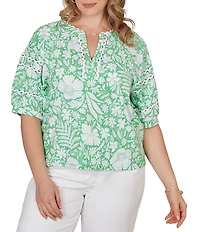 Ruby Rd. Plus Size Tropical Floral Split V-Neck Elbow Sleeve Top