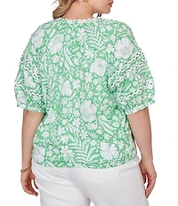 Ruby Rd. Plus Size Tropical Floral Split V-Neck Elbow Sleeve Top