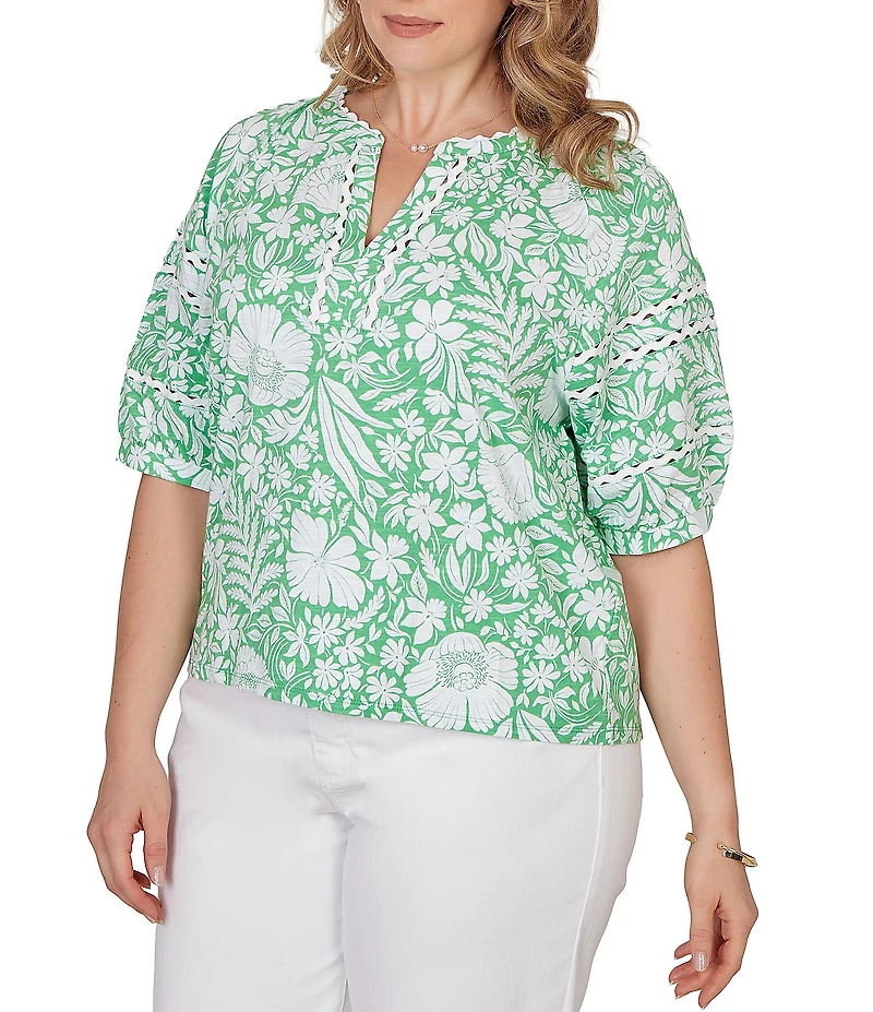 Ruby Rd. Plus Size Tropical Floral Split V-Neck Elbow Sleeve Top